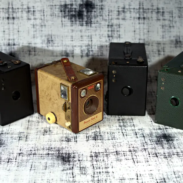 Assorted Brownie cameras with new leather straps